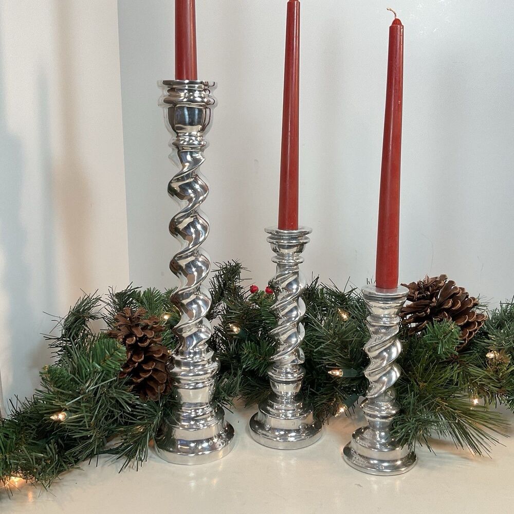 Polished Pewter Candle Holders Set Of 3 Twisted Glossy 7”-14.5” Silver Wedding